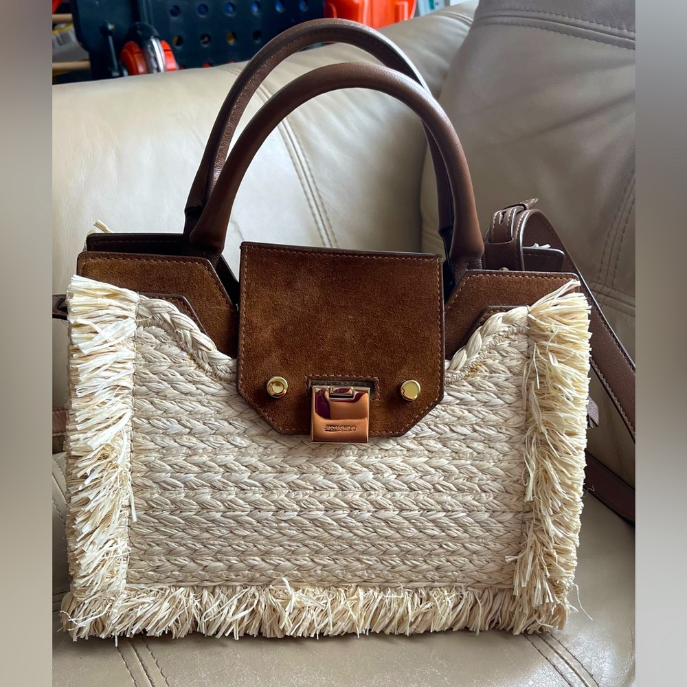 Excellent condition authentic Jimmy Choo Raffia Bag in Brown and Cream color